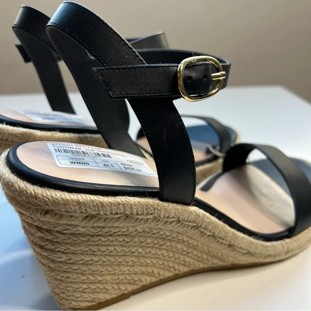 Stuart Weitzman Teddi Wedge Heel Leather Espadrille Sandals Womens 9.5 Black New